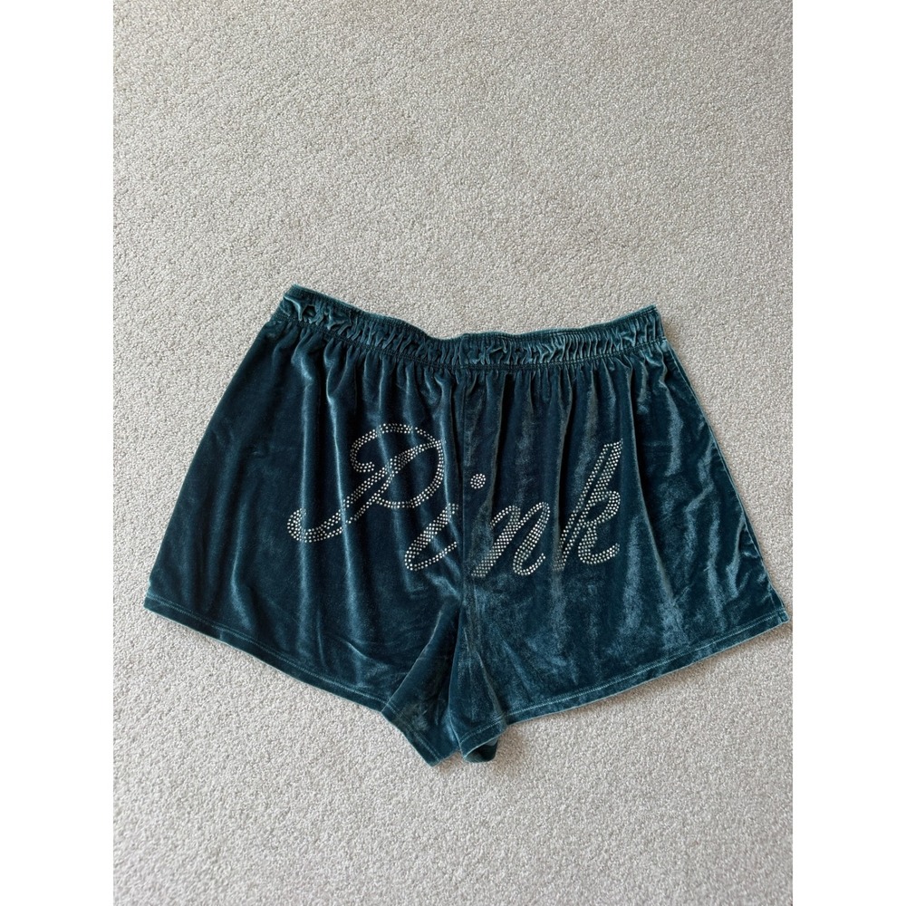 PINK Y2K Velvet Sleep‎ Shorts Size L Teal Blue Green Rhinestone Logo